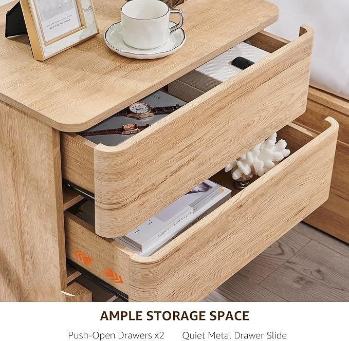 Nightstand with Charging Station, 22" Push-to-Open Bedside Table with 2 Storage Drawers, Large Modern End Table for Bedroom,Living Room,Natural Oak