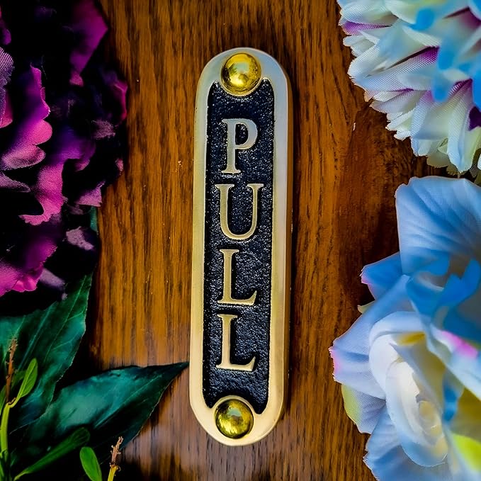 PULL Brass Door Sign. Traditional Style Home Décor Wall Plaque Handmade By The Metal Foundry UK.