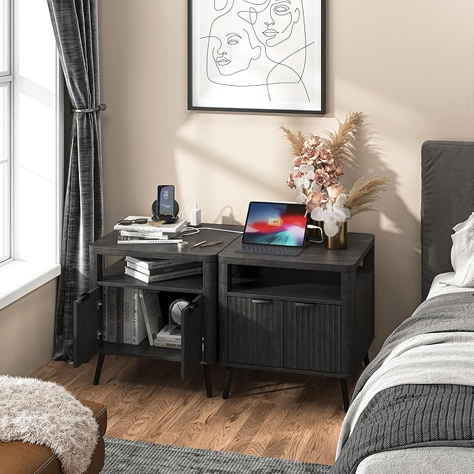Nightstand with Charging Station, 24" End Table Side Table with Open Shelf, Modern Large Wood Fluted Bedside Cabinet for Bedroom, Living Room, Black