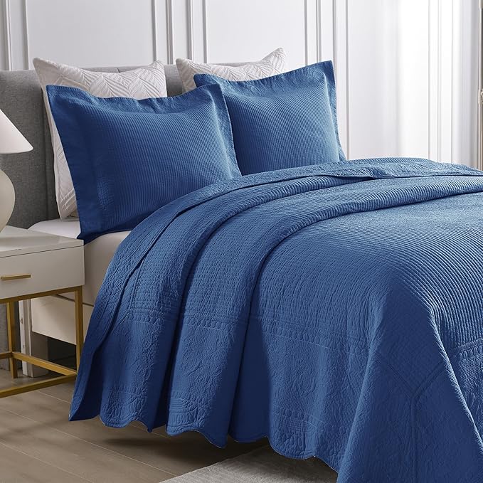 MarCielo 3-Piece 100% Cotton Oversized Bedspread Lightweight Quilt Coverlet Embroidery Farmhouse Bedding Set (TG Midtone Blue, Oversized Queen (100"x106"))