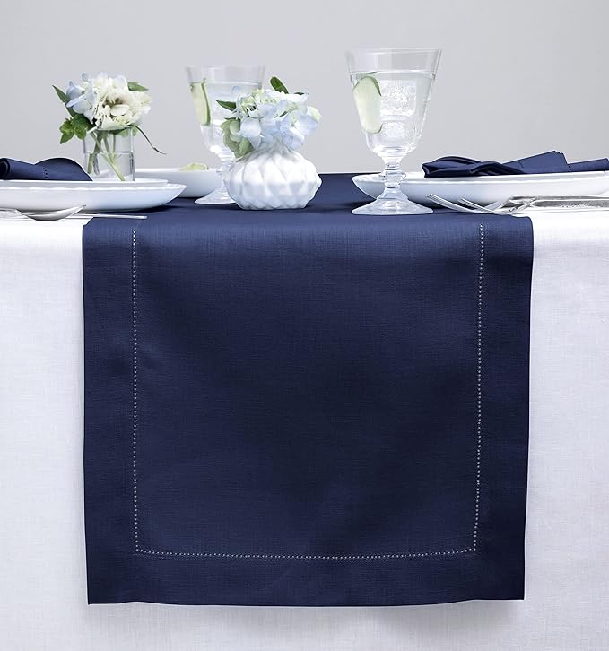 Solino Home Linen Navy Table Runner 48 Inches - Classic Hemstitch, 100% Pure Linen Coffee Table Runner 14 x 48 Inch Ideal for Dresser Tables - Fall, Autumn, Halloween, Thanksgiving