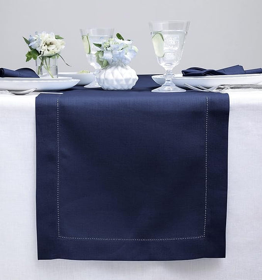 Solino Home Linen Navy Table Runner 48 Inches - Classic Hemstitch, 100% Pure Linen Coffee Table Runner 14 x 48 Inch Ideal for Dresser Tables - Fall, Autumn, Halloween, Thanksgiving