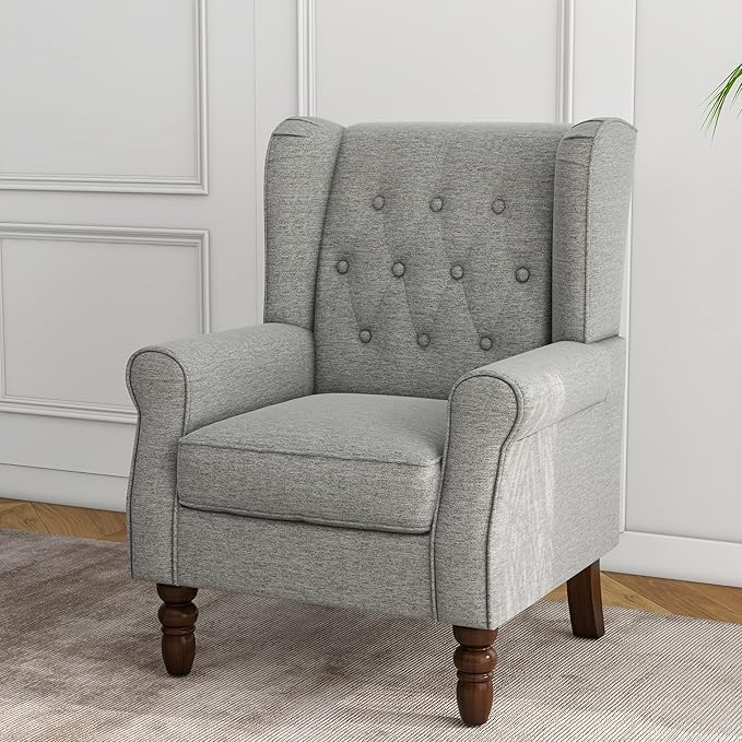 Lumibee High Back Accent Chair,Upholstered Wingback Armchair with Solid Wood Legs for Small Spaces,Comfy Single Sofa Chair for Living Room,Bedroom,Office-Light Gray