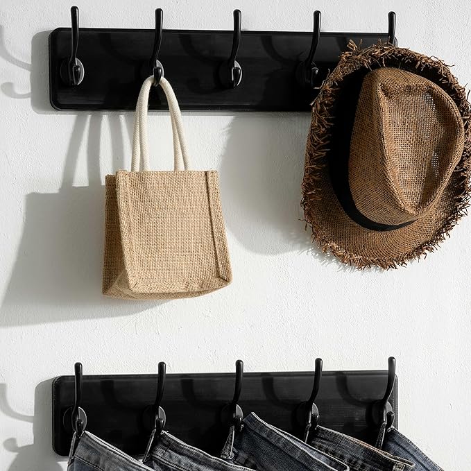 SKOLOO Rustic Wall Mounted Coat Rack, Pine Solid Wood Coat Hook Hanger - 5 Hooks for Hanging Clothes Robes Towels Coats