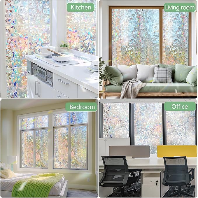 HIDBEA Window Privacy Film Static Clings, Rainbow Window Film, 3D Decals Non-Adhesive Window Vinyl Film for Home Door, 29.5 Inch x 13.1 Feet