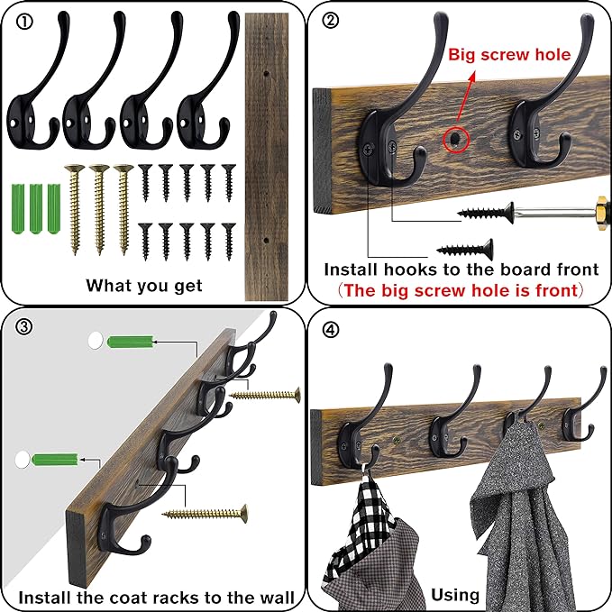 IBosins Wall Mounted Coat Rack, 2 Pack Metal Wood Coat Rack with 8 Black Rustic Hooks for Scarf, Bag, Towel, Key, Cap, Cup, Hat