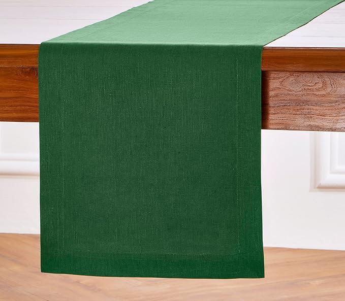 Solino Home Linen Table Runner 48 Inches - 100% Pure Linen Pine Green Table Runner 14 x 48 Inch Ideal for Dresser and Coffee Tables - Fall, Autumn, Thanksgiving - Fete