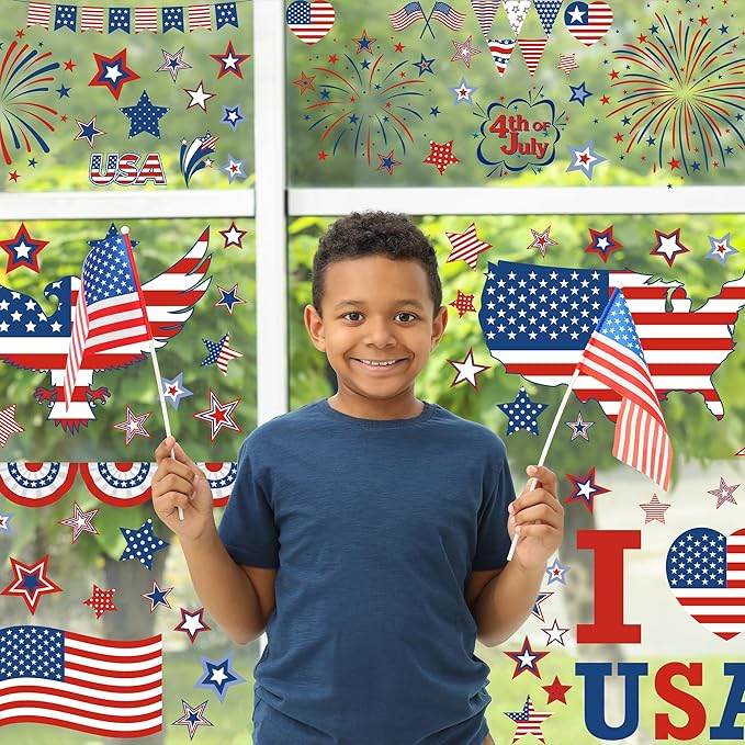 158 Pcs 4th of July Window Clings, 9 Sheets Patriotic Window Clings Decals, Watercolor Double-Sided American Flag Stars Firework Window Stickers for Independence Day Parade Veterans Memorial Day Decor