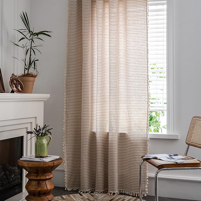 Sutuo Home Boho Curtain 84 Inches Length, Beige Stripes Print Curtain with Handmade Tassels, Rod Pocket Window Treatment Vintage Rustic Bohemian Farmhouse Drape for Bedroom 1 Panel 59" W x 84" L
