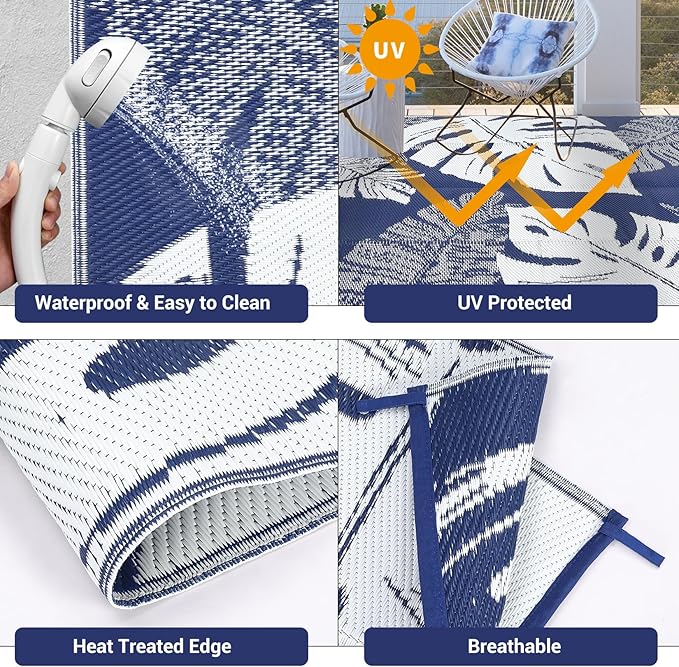 GAOMON Outdoor Plastic Straw Rug 9x18 Waterproof Patio Rug Reversible Camping Mat, Foldable Portable RV Picnic Carpet with Bag & 4 Stakes, UV Resistant Outside Carpet for Deck Balcony, Blue