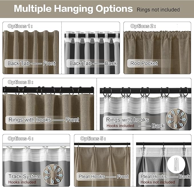 RAIN CITY Extra Wide Blackout Curtains 2 Panels Set,70 Inch Wide Back Tab Pleated Curtains with Hooks Track System,Energy Efficinet Drapes for Dining Room Hoom Office 70x108 in Length,Linen Brown