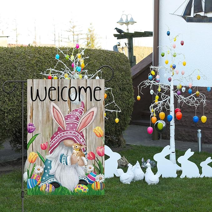 Welcome Easter Gnome Garden Flag 12x18 Double Sided Burlap, Funny Bunny Floral Small Yard Flag Banner for Holiday Farmhouse Outdoor Decor (ONLY FLAG)