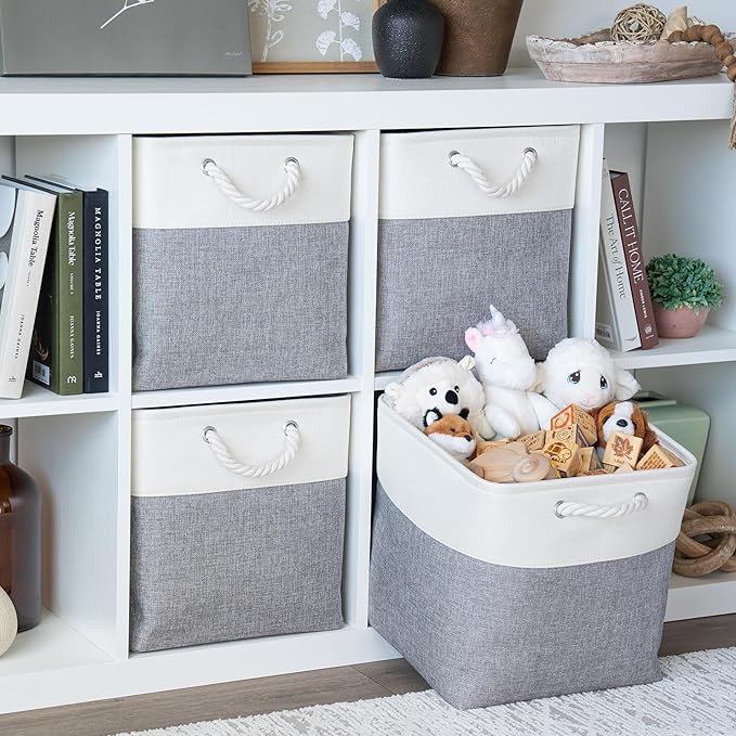 OrganiHaus 13x13 Cube Storage Bins 4 Pack, Foldable Cube Storage Organizer w/ Rope Handles, Collapsible Fabric Bins for Toys, Clothes & Closet Organization, Fabric Square Baskets - Gray/White