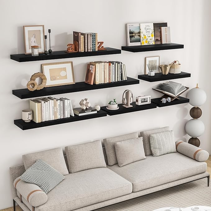RICHFOCUS 16Inch Floating Shelves for Wall 2 Pack Shelves for Bedroom|Kitchen|Bathroom Wall Mounted Rustic Wood Floating Shelf with Invisible Brackets for Books|Storage|Decor, Black