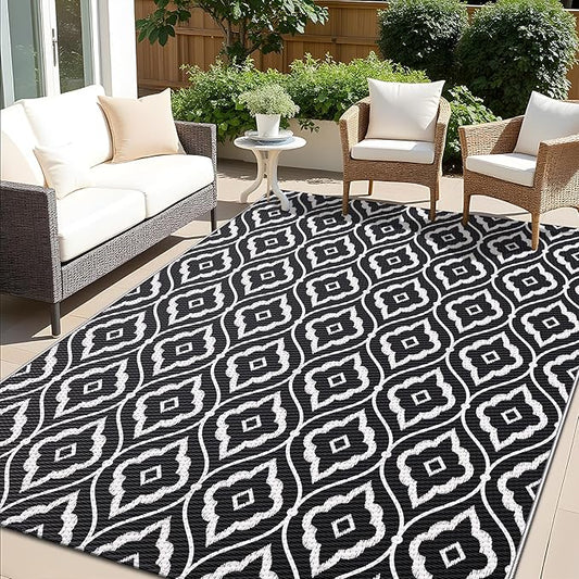 OLANLY Outdoor Rug 6x9 ft Waterproof, Outdoor Plastic Straw Rug with Geometric Pattern Clearance, Reversible RV Mat for Patio, Camping, Balcony, Deck, Backyard, Black & White
