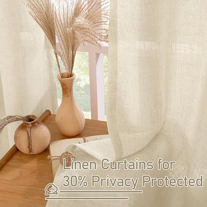 LAMIT Short Window Linen Curtains 30 Inch Length for Cafe, Semi Sheer Light Filtering Panels Bronze Grommet Cafe Drapes for Half Window, 2 Panels, Linen, 34 x 30 Inch