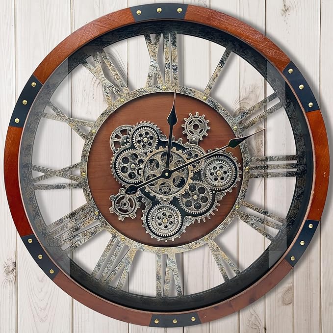 DORBOKER 36" Original Moving Gears Wall Clock, Large Industrial Wall Clock for Living Room Decor,Oversized Wood Vintage Farmhouse Steampunk Rustic Clocks for Wall Decor,Black Walnut