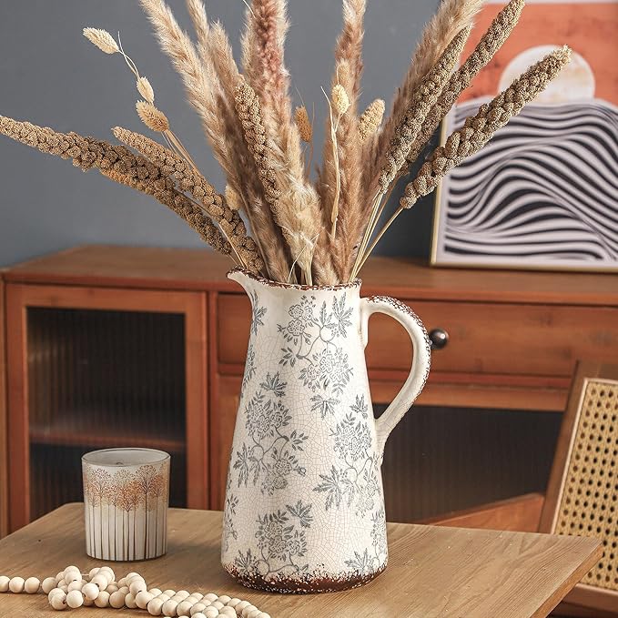 Enra Blue and White vase with Handle,12.2 inch Ceramic Vintage Decorative Flower Pitcher vase, Chinoiserie Floral Vase,Large Rustic Vases for Home Decors, Living Room, Bookshelf, Office