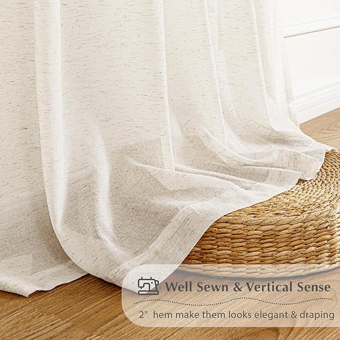 FMFUNCTEX Linen Sheer Pinch Pleated Curtains for Living Room, Linen Flax Beige 96 Inches Long Sheer Curtain Panels for Bedroom, Natural Back Tab Window Drapes for Farmhouse, Rod Pocket 2 Panels
