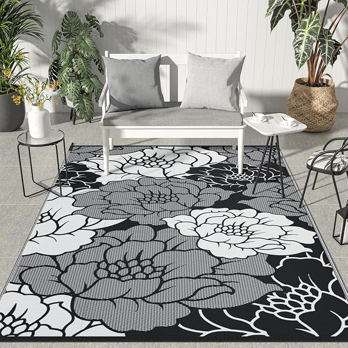 GENIMO Outdoor Rug Waterproof for Patio Decor, 9' x 12' Reversible Plastic Straw Floral Camping Carpet, Large Area Rugs Mats for RV, Camper, Deck, Balcony, Porch, Beach, Picnic, Mix-Black & White