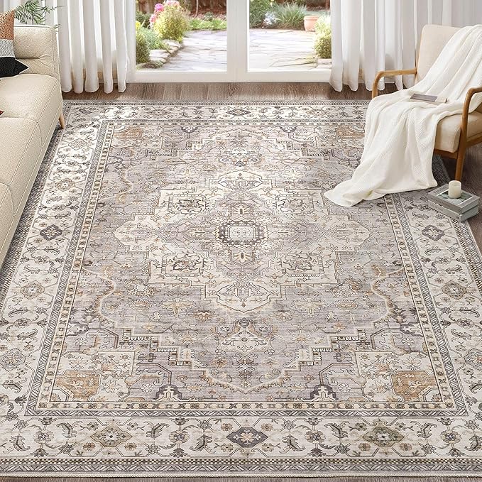 Washable Area Rugs for Living Room - 9x12 Neutral Vintage Distressed Floral Farmhouse Boho Large Soft Floor Rug Indoor Non Slip Carpet for Bedroom Dining Room Office - Grey Brown