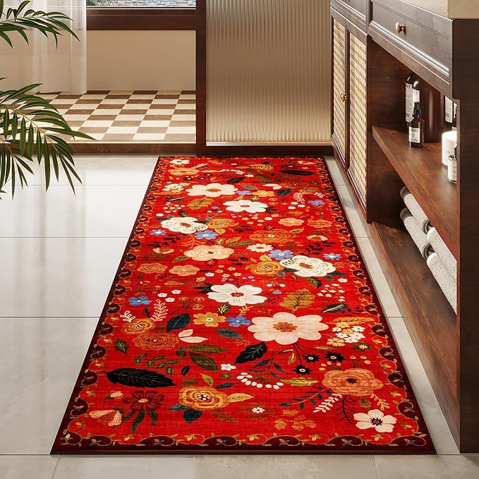 Runner Rug for Hallways Kitchen Rug Non Slip 2'x 6' Washable Runner Rugs with Rubber Backing Soft Floral Carpet Runner for Hallways, Kitchen, Laundry, Bedroom, Bathroom(Red)