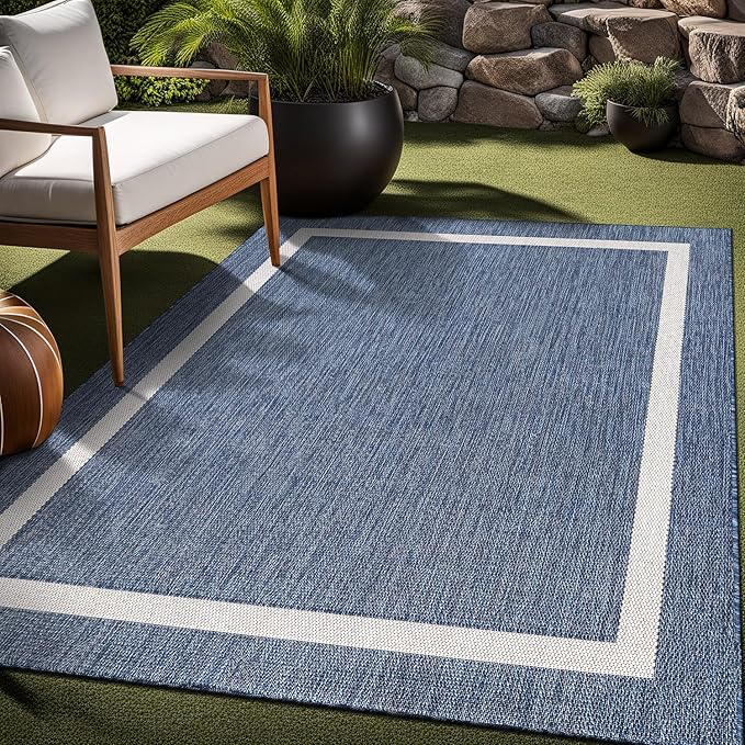 Bordered Outdoor Rug 9x12 Washable Outside Carpet for Indoor Patio Porch Waterproof Easy Cleaning Non Shedding Area Rugs Blue 9 x 12