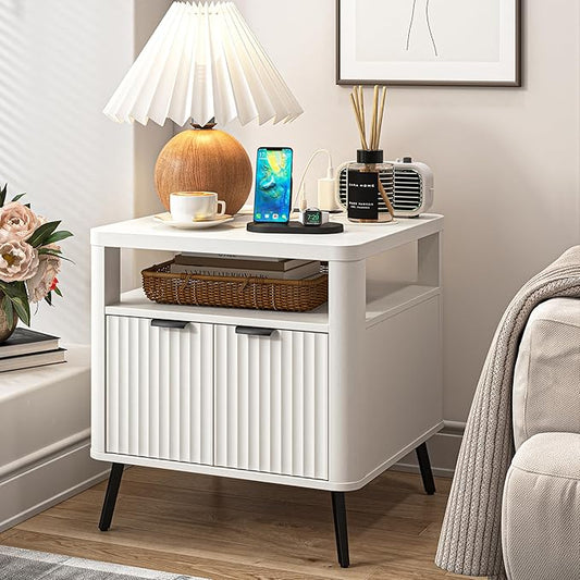Nightstand with Charging Station, 24" End Table Side Table with Open Shelf, Modern Large Wood Fluted Bedside Cabinet for Bedroom, Living Room, White