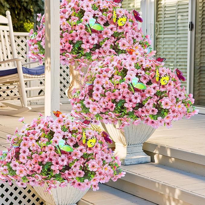‌20 Bundles Artificial Flowers for Outdoors‌ with 6 Faux Butterflies, UV Resistant ‌Fake Flowers‌ with Eucalyptus Leaves, ‌Artificial Plants Outdoor‌ for Patio Garden Porch Home Decor (Pink)