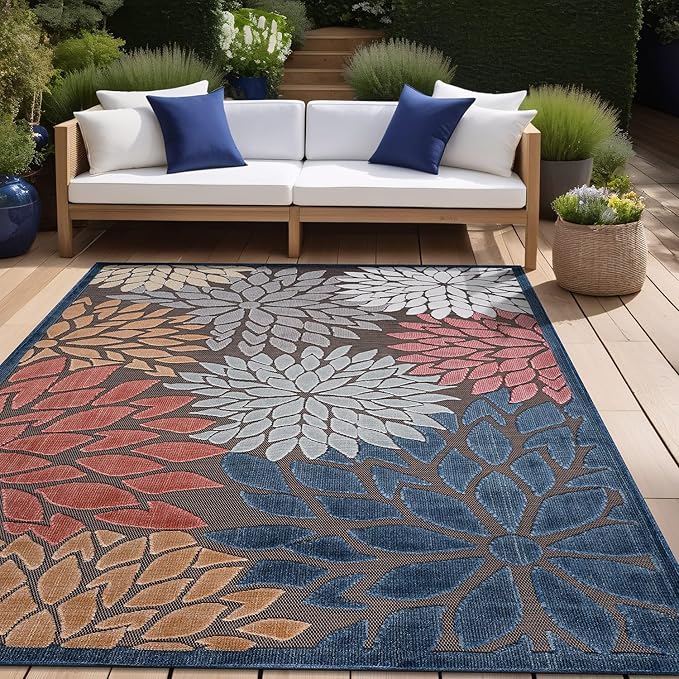 Beverly Rug Outdoor Rug 8x10 Modern Floral Tropical Area Rugs for Indoor and Outdoor Patio Easy to Clean Non Shedding Living Room Porch Garden Washable Outside Carpet (8 x 10 Brown)