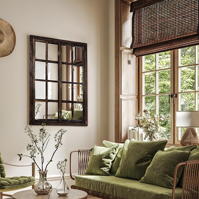 Wall Mirror with Window Design, 36"x24" Rustic Farmhouse Wood Mirror for Wall Decor, Decorative Vintage Mirror for Living Room, Bedroom, Entryway