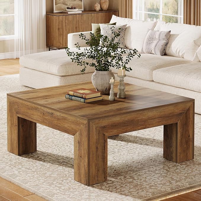 Tribesigns 39.4-Inch Square Coffee Table for Living Room, Farmhouse All MDF Accent Center Cocktail Table with Sturdy Wooden Legs, Easy Assembly, Rustic Brown
