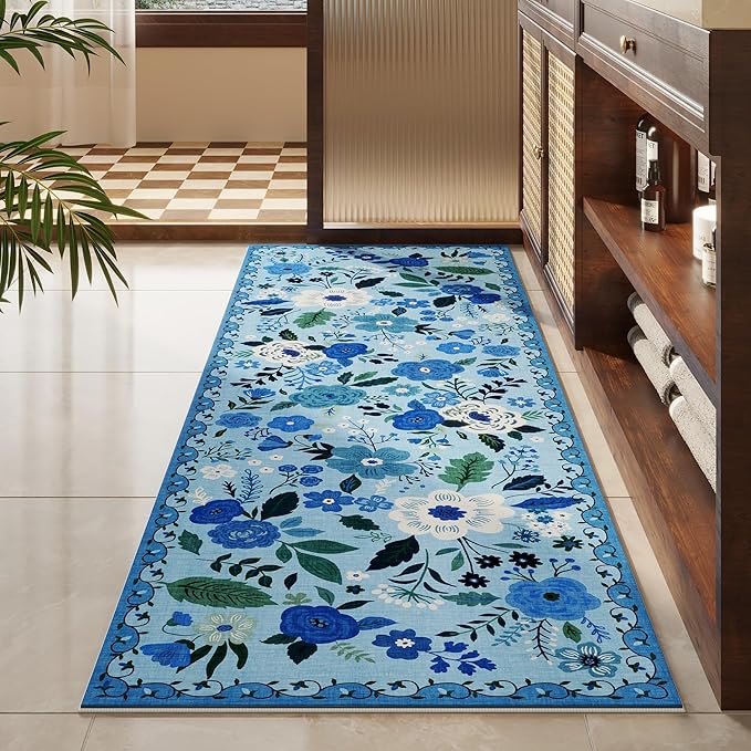 Runner Rug for Hallways Kitchen Rug Non Slip 2'6''x8' Washable Runner Rugs with Rubber Backing Soft Floral Carpet Runner for Hallways, Kitchen, Laundry, Bedroom, Bathroom(Blue)