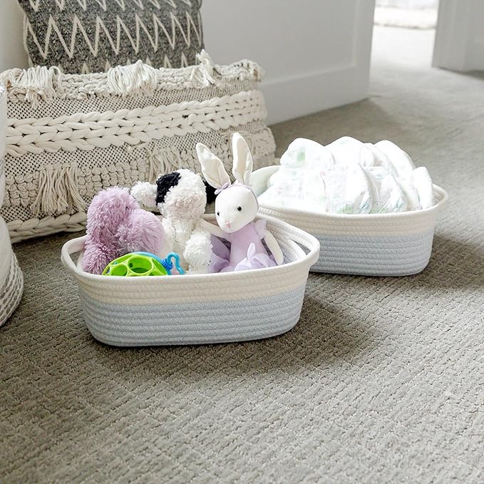 NaturalCozy 5-Piece Rectangle Storage Basket Set- Natural Cotton Rope Woven Baskets for Organizing! Small Basket for Montessori, Baby Nursery, Dog Toy Baskets, Cat Toy Box, Bathroom Organization Bin