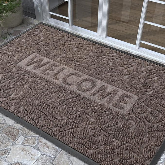 Yimobra Welcome Front Door Mat Outdoor, Heavy Duty Sturdy Non Slip Doormats, Rubber Backing, Low-Profile Entrance Rugs, Absorbent Resist Dirt, Easy Clean Patio Garage Floor Mats, 60X36 Inch, Brown