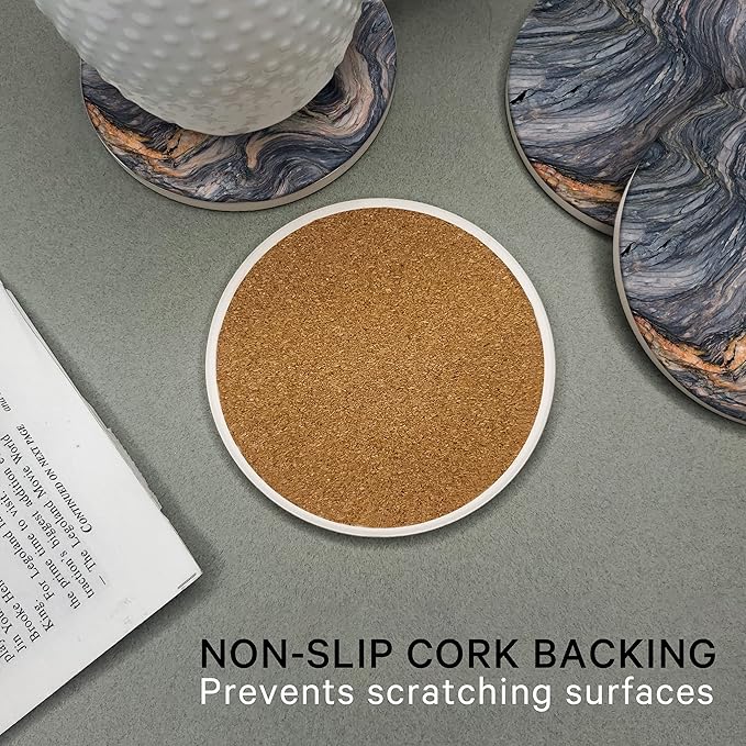 Emerson Coasters for Drinks Absorbent – Natural Stone Drink Coasters Set with Holder, Coasters for Coffee Table, Wooden Tabletop Protection Marble Style – 100% Heavy Duty Set of 6 (Magma)