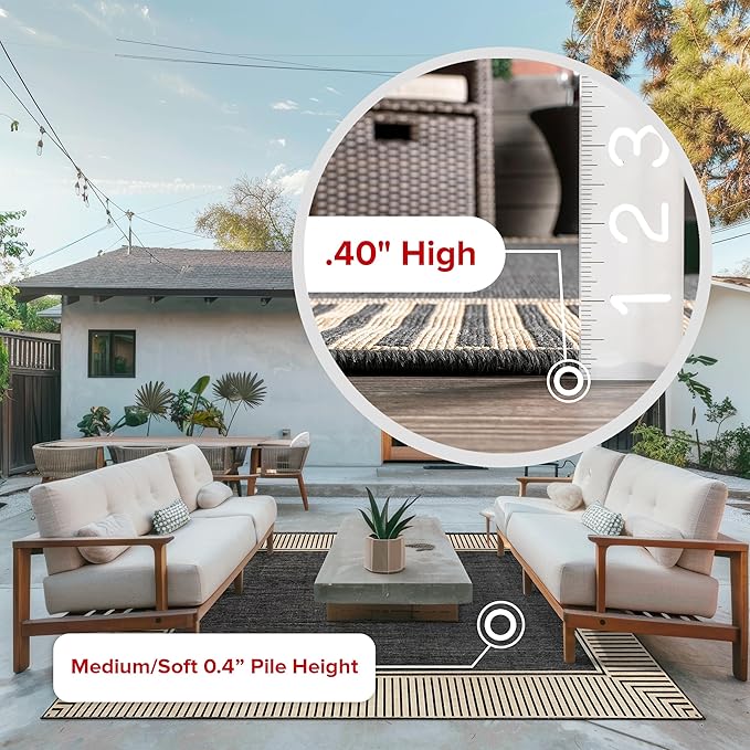 nuLOOM 8' x 10' Outdoor Area Rug, Casual Design With Striped Border, Stain Resistant, Highly Durable, For Patio, Balcony, Bedroom, Living Room, Dining Room, Bathroom, Dark Grey