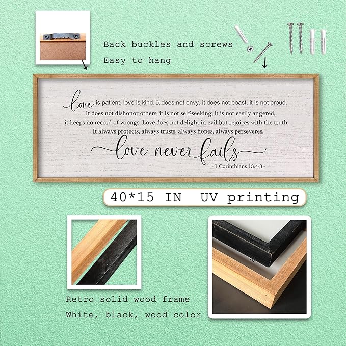 LuZhiQiang Love is Patient Love is Kind Wall Decor 40"X15" Bible Verse Quote 1 Corinthians 13 For Bedroom Above Bed Christianity Couple Sign Large Wood Framed Wall Hanging Art (Wood)