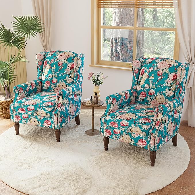Lumibee High Back Accent Chair Set of 2, Armchair in Fabric,Comfy Upholstered Wingback Single Sofa Reading Chairs with Solid Wood Legs for Living Room,Bedroom,Office-Peacock Blue