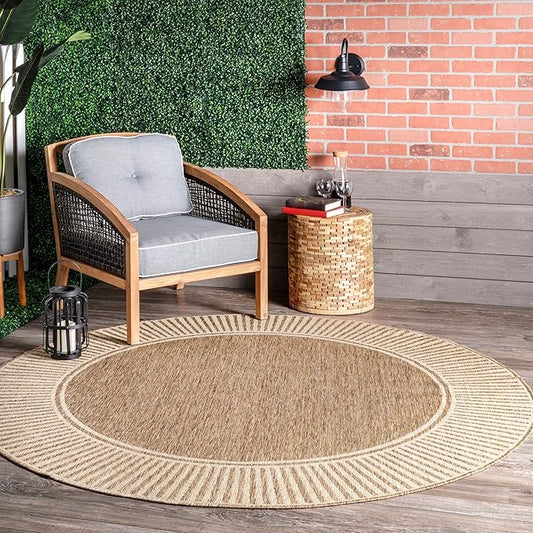 nuLOOM 6'7" Round Outdoor Area Rug, Casual Design With Striped Border, Stain Resistant, Highly Durable, For Patio, Balcony, Bedroom, Living Room, Dining Room, Bathroom, Light Brown