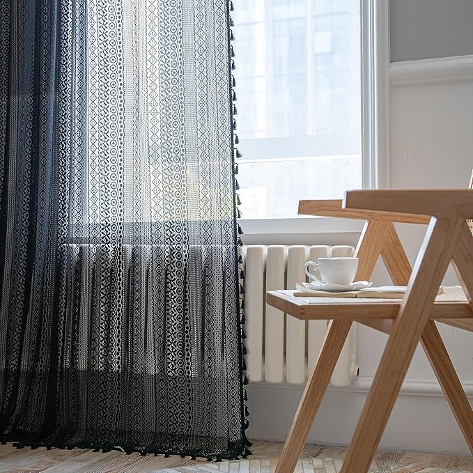 Sutuo Home Black Crochet Boho Curtain 63 Inches Length, Sheer Lace Handmade Tassels Knitted Window Treatment Vintage Rustic Bohemian Farmhouse Drape for Bedroom Rod Pocket 1 Panel 59" W x 63" L