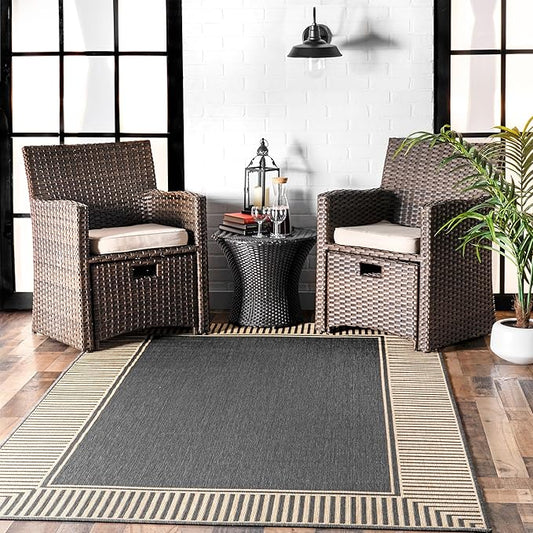 nuLOOM 4' x 6' Outdoor Area Rug, Casual Design With Striped Border, Stain Resistant, Highly Durable, For Patio, Balcony, Bedroom, Living Room, Dining Room, Bathroom, Dark Grey
