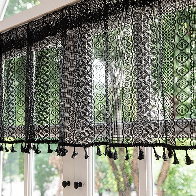 Sutuo Home Boho Valance Curtains for Kitchen Crochet Lace Sheer Bohemian Hollow Knitted with Tassels, Privacy Vintage Rustic Gothic Farmhouse Drapes, Rod Pocket 1 Panel 59" W x 18" L, Black