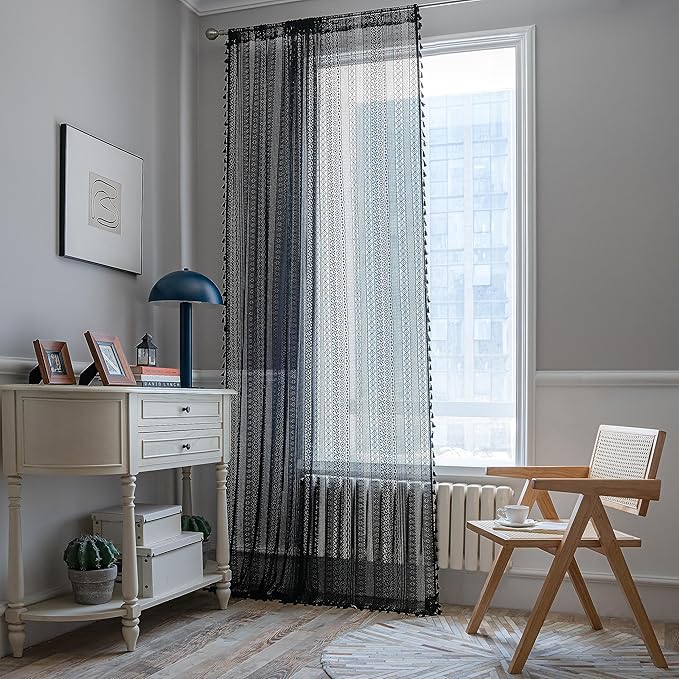 Sutuo Home Black Boho Curtain 84 Inches Length, Sheer Crochet Lace Handmade Tassels Knitted Window Treatment Vintage Rustic Bohemian Farmhouse Drape for Bedroom Rod Pocket 1 Panel 59" W x 84" L
