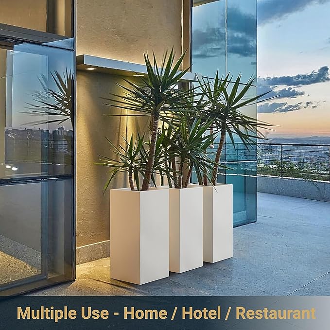 Metallic Heavy Large Planter Box for Outdoor or Indoor, Tall Metal Planters, Rectangular Flowerpot for Front Porch, Garden, Patio ‎25Pounds Pure White, No Assembly 1 Pack