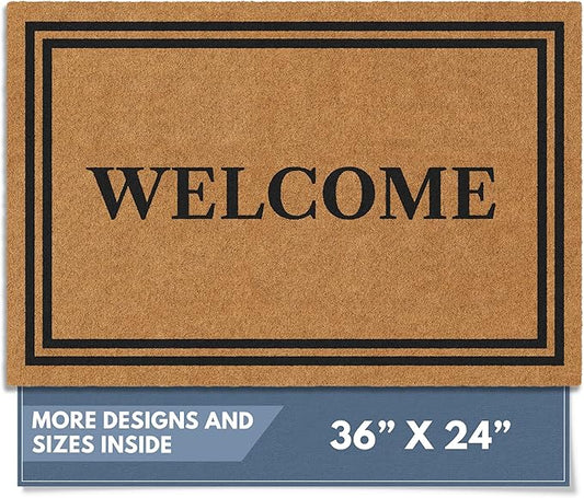 Barnyard Designs Natural Coco Coir Heavy Duty Backing Doormat - Large Cute Non-Slip Front Door Welcome Mat for Outside Entrance or Porch Entry, Brown (24x36, Welcome)