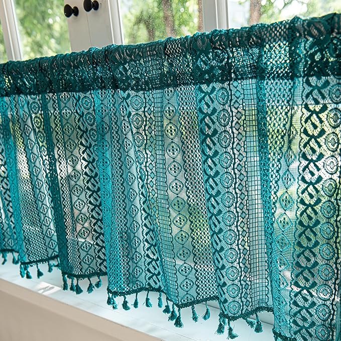 Sutuo Home Boho Valance Curtains for Kitchen Crochet Lace Sheer Bohemian Hollow Knitted with Tassels, Privacy Vintage Rustic Farmhouse Drapes, Rod Pocket 1 Panel 59" W x 18" L, Turquoise