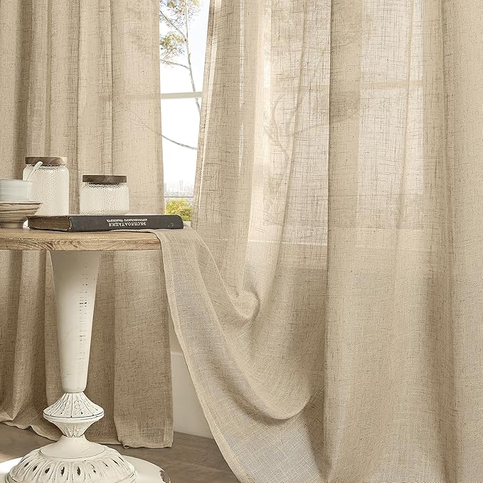 LAMIT Linen Curtains for Living Room Bedroom, 84 inch Curtains Light Filtering Boho Semi Sheer Window Burlap Drapes with Bronze Grommet for Room Decor, 52 X 84 Inch, 2 Panels Set, Brown