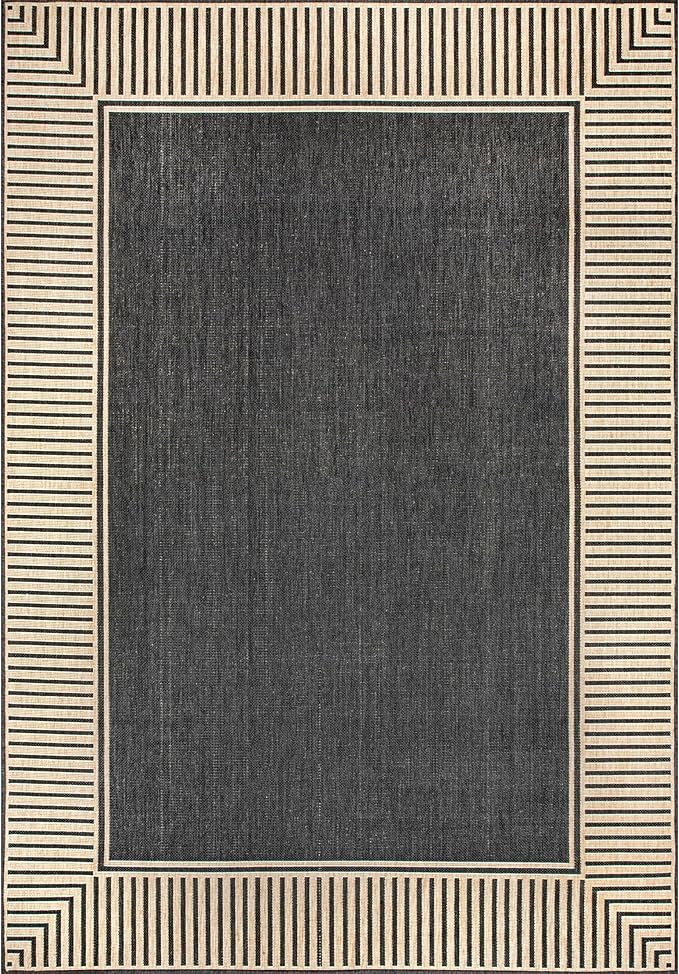 nuLOOM 2' x 3' Outdoor Area Rug, Casual Design With Striped Border, Stain Resistant, Highly Durable, For Patio, Balcony, Bedroom, Living Room, Dining Room, Bathroom, Dark Grey