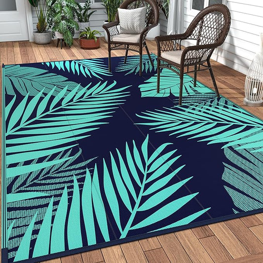 GENIMO Outdoor Rug 5' x 8' Waterproof for Patios Clearance, Reversible Outdoor Plastic Straw Camping Rug Carpet, Large Area Rugs Mats for RV, Camper, Deck, Balcony, Porch, Beach, Navy Blue&Jade Green